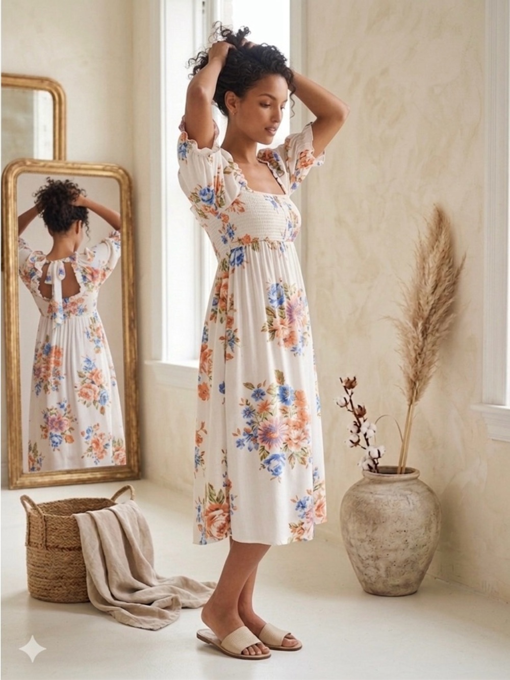 Anthropologie Women's White Floral Smocked Midi Dress Puff Sleeve Medium NWT